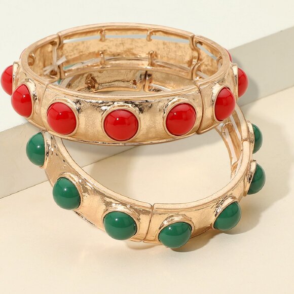 Set of 2 Hypoallergenic Gold Plated Stretch Natural Stone Christmas Bracelets - Picture 1 of 4